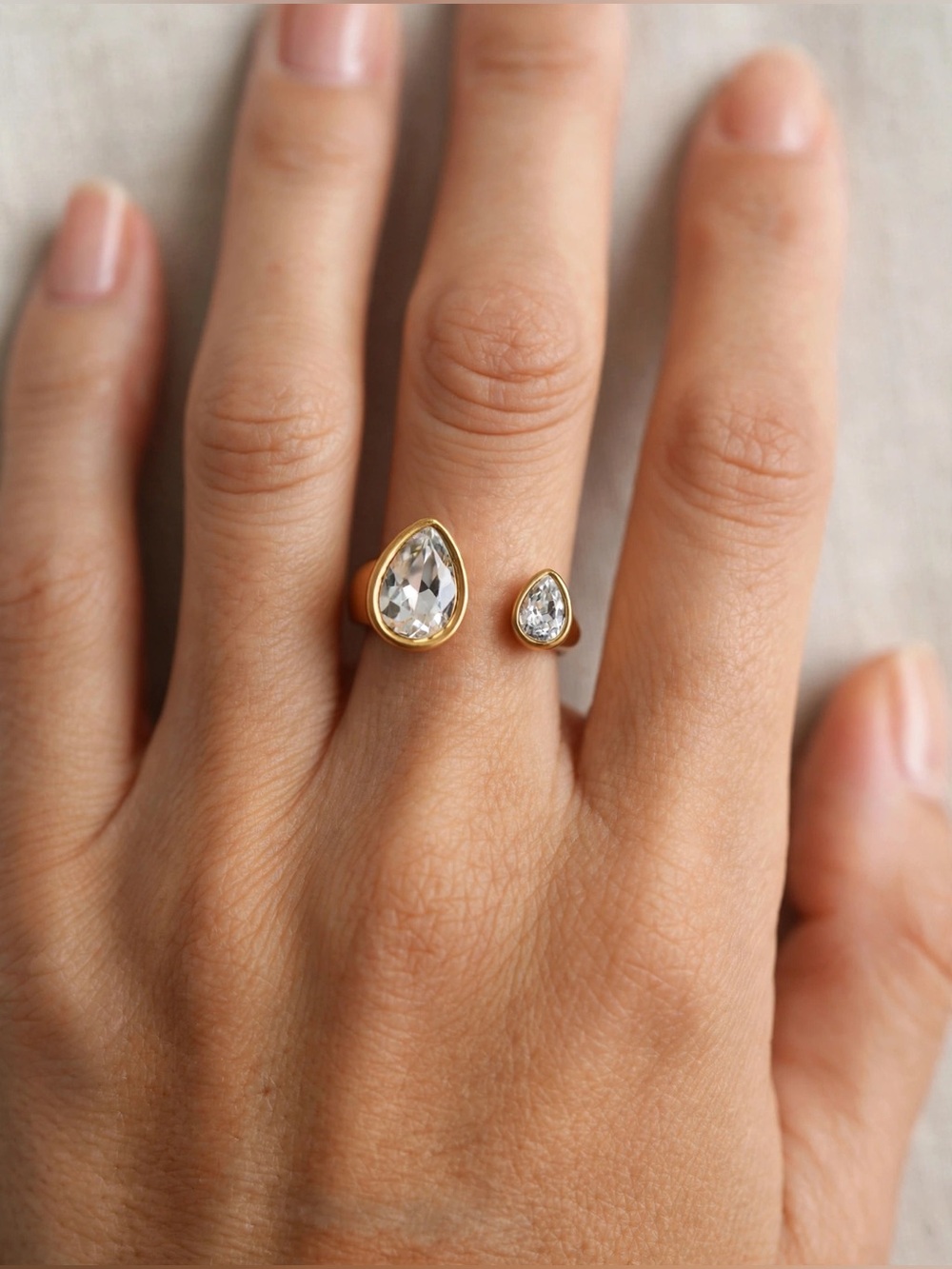 Gold Adjustable Two Stone Teardrop  Bezel Setting Open Statement Ring